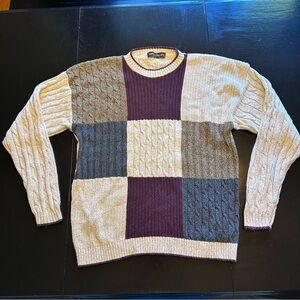 Vintage Liberty Sweater Large Cable Knit Crewneck  Patchwork Look Cream Red
